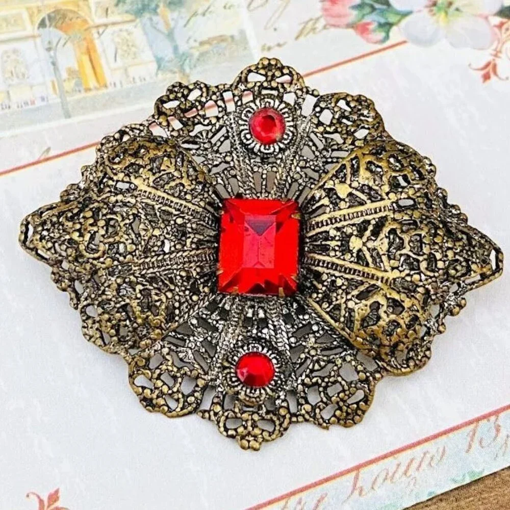 1920’s Antique Brass Filigree Bright Red Glass Stones Pin Antique